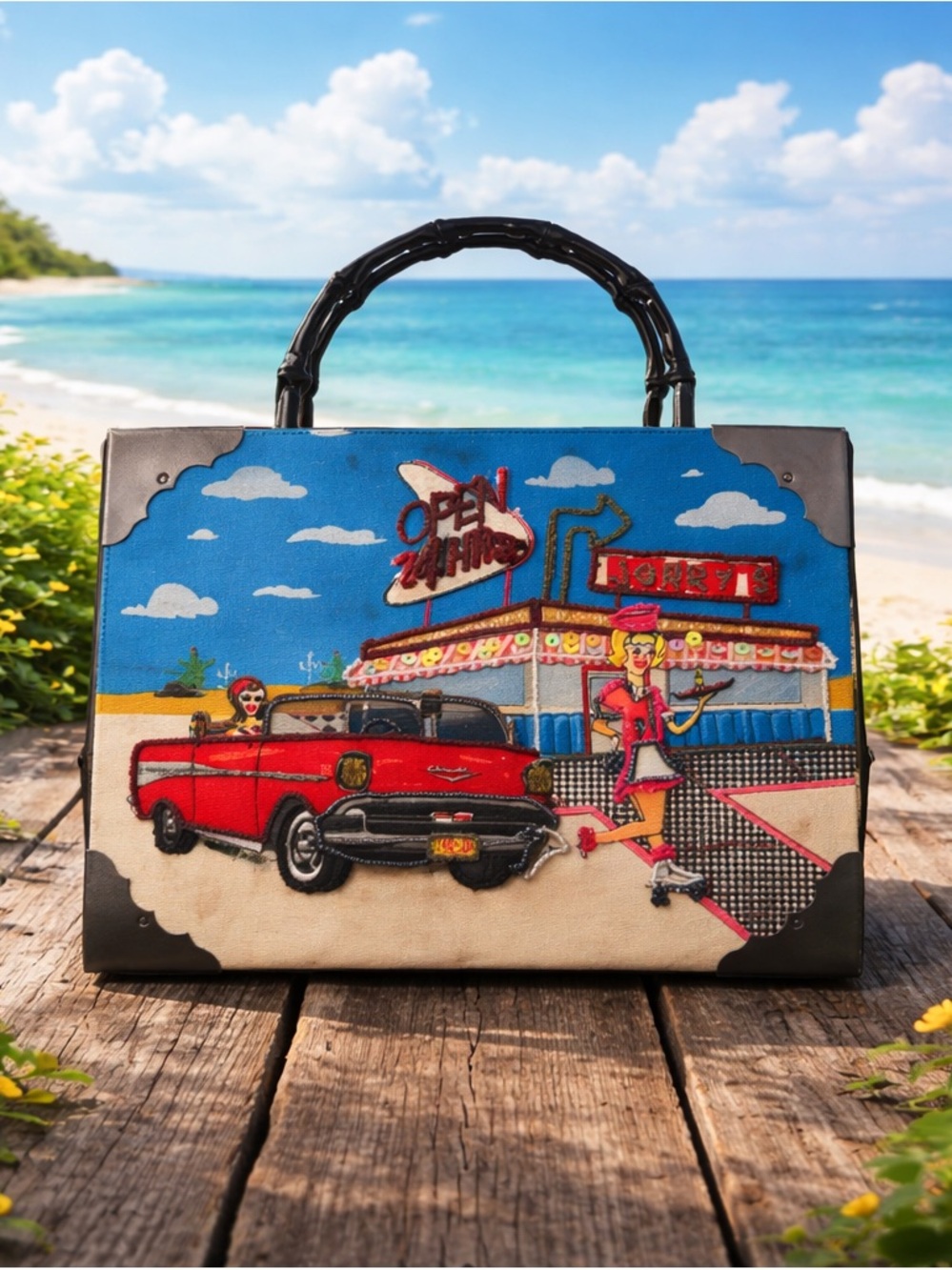 Vintage Diner Scene Top-Handle Bag in Blue and Red